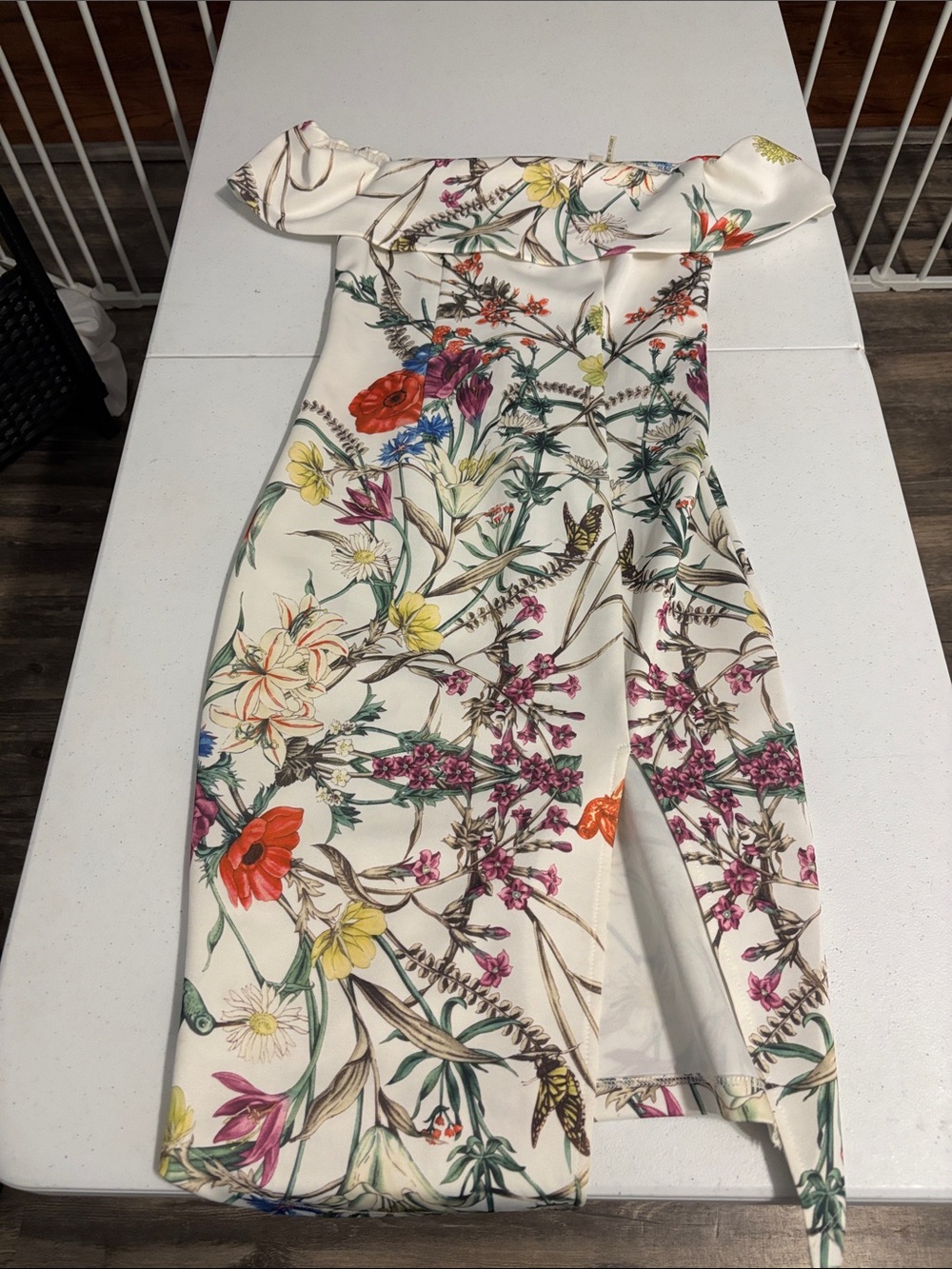 Luxxel Off-Shoulder Floral Midi Dress in Cream with Multicolor Blooms